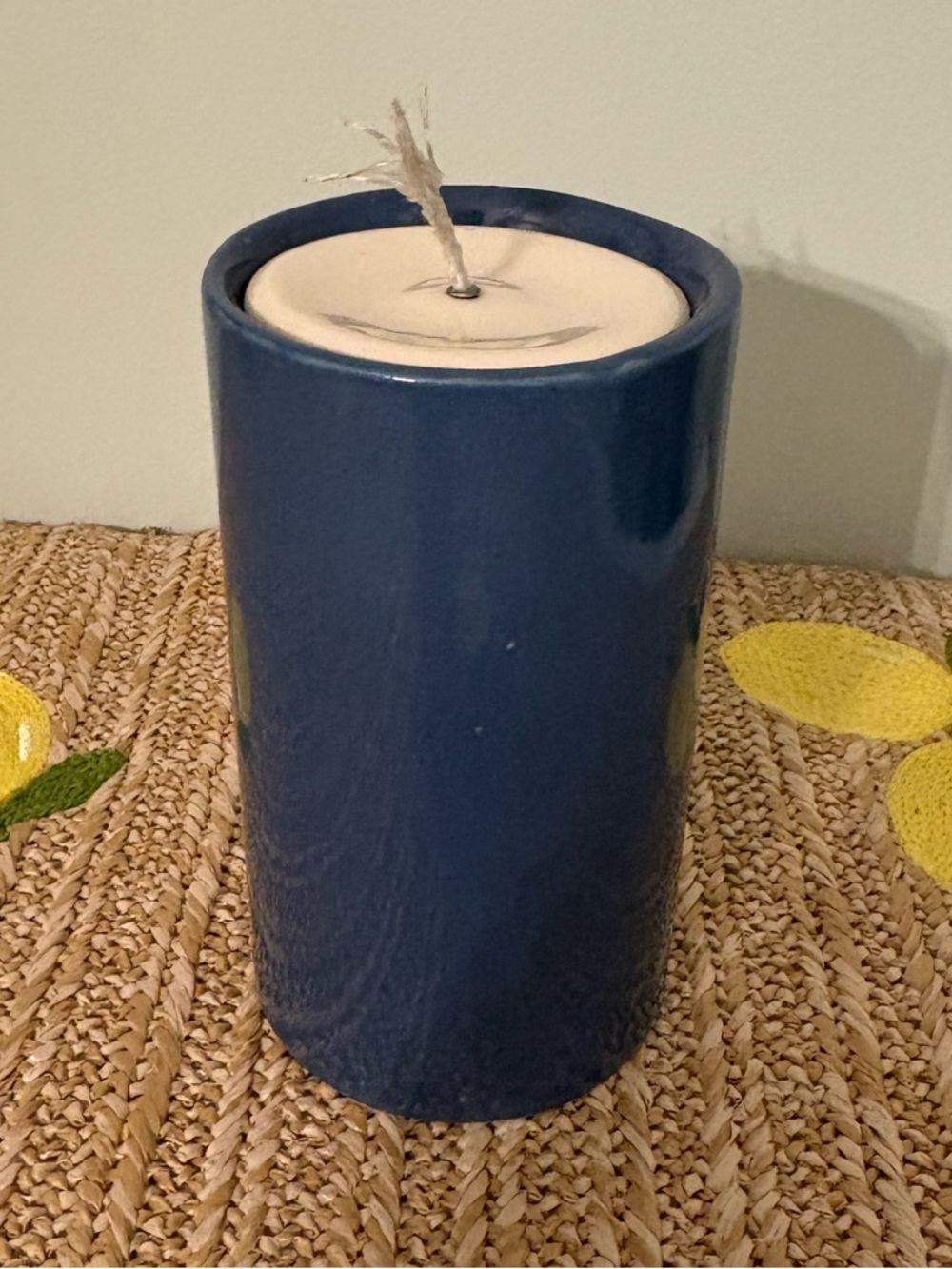 Vintage 1970s LampLight Farms Ceramic Oil Candle Country Cottage Blue Stoneware